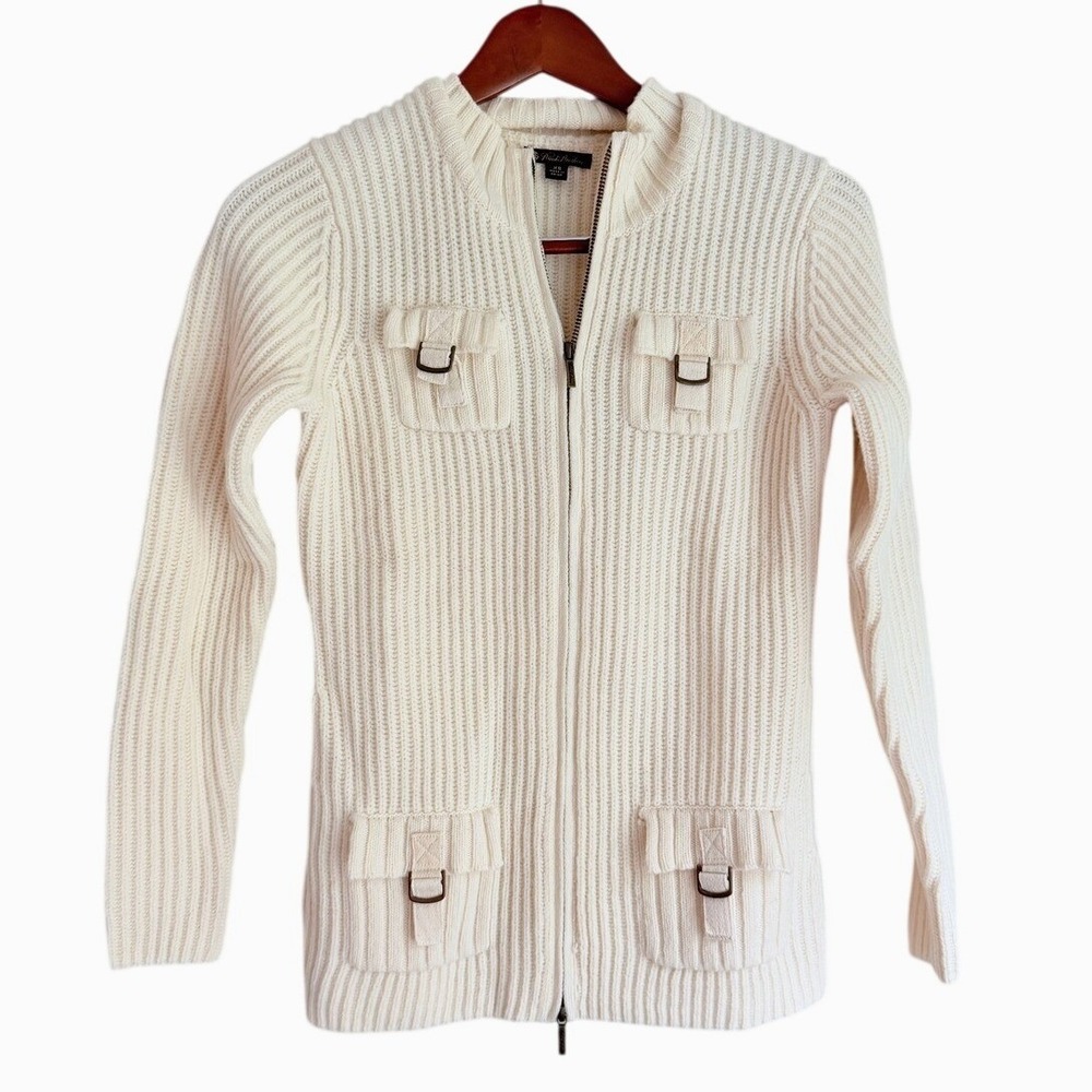 Brooks Brothers Womens XS Cream 100% Wool Ribbed Full Zip‎ Buckle Pocket Sweater